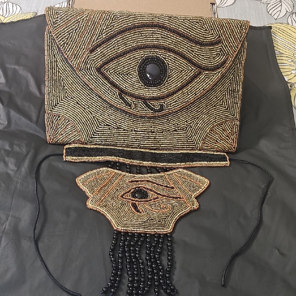 Beaded Eye Design Clutch and Necklace Set